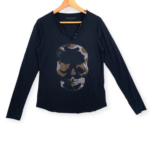 ~Zadig & Voltaire Tunisien Skull Camo Bejeweled Long Sleeve Top NWT - Picture 1 of 9